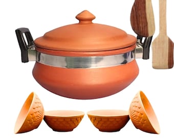 Made in India Clay Pot for Cooking, 2 litres, with Free 2 Serving Bowls & Wooden Flip/Spatula | Indian Cookware | Mitti Handi