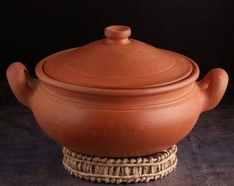 Olla de barro Handi/Kadai de barro/Olla de barro para cocinar y servir con tapa (con acabado de espejo) + Ceniza gratis para limpieza (3 litros)