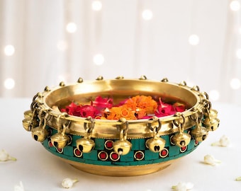 Pure Brass Urli Bowl with Bells and Gemstone Work, Ethnic Traditional Decor
