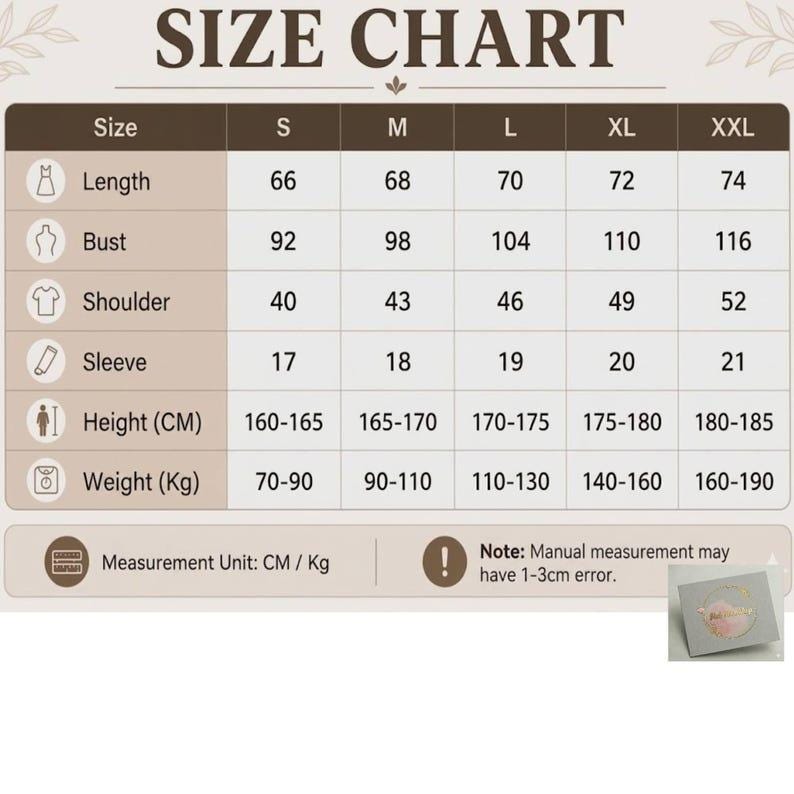 Puede incluir: Una tabla de tallas con encabezados marrones y filas blancas, que muestra medidas para las tallas S a XXL. Las columnas incluyen longitud, busto, hombro, manga, altura en CM y peso en Kg. Texto: 'SIZE CHART', 'Measurement Unit: CM / Kg' y una nota sobre errores de medici&oacute;n manual.