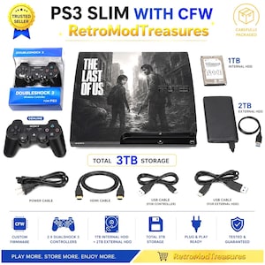 Op de afbeelding: Een zwarte PS3 Slim console met The Last of Us artwork, twee zwarte DualShock 3 controllers, een 1TB interne harde schijf, een 2TB externe harde schijf, een stroomkabel, een HDMI-kabel en twee USB-kabels. Inclusief aangepaste firmware.