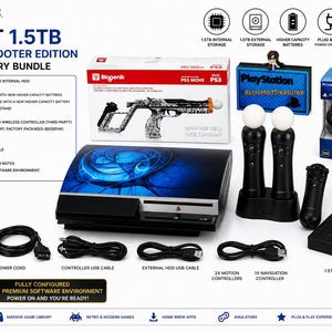 May include: A PS3 Fat 1.5TB Ultimate Shooter Edition bundle featuring a black console with a blue graphic top, two motion controllers, a navigation controller, a light gun in a box, a DualShock 3 controller, a 1.5TB external hard drive, and cables.