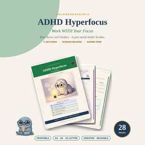 Può includere: Un quaderno di esercizi ADHD Hyperfocus di 28 pagine con una foca dei cartoni animati con occhiali accanto a una lampadina. La copertina include il testo ADHD Hyperfocus, Work WITH Your Focus e 5 sezioni. Stampabile in A4, A5 e US Letter.