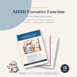 Può includere: Un kit digitale intitolato ADHD Executive Function: The Get-Things-Done Toolkit, con una foca dei cartoni animati con gli occhiali sulla copertina. Il documento include 28 pagine, cinque sezioni ed è stampabile in A4, A5 o US Letter.