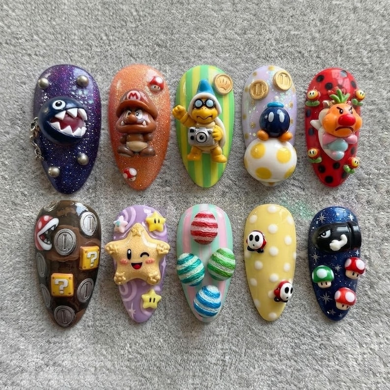 Super Mario 3D Press On Nails, Gamer Inspired Handmade Fake Nails, Cute Cartoon Character Nails, Kawaii Nail Art Set image 1