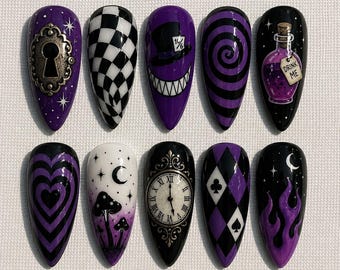 Alice Wonderland Press On Nails, Purple Gothic Harlequin Nails, Fantasy Handmade Reusable Nail Set