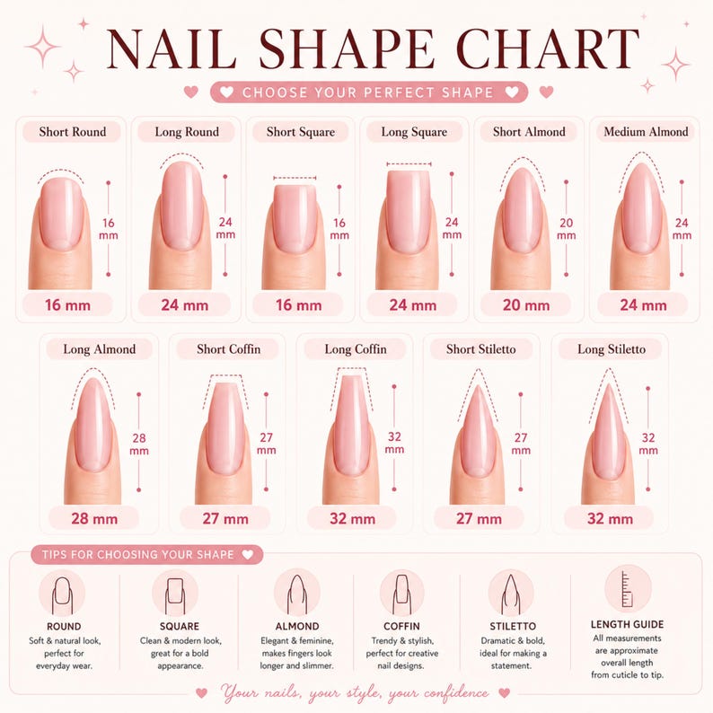 May include: A nail shape chart featuring eleven distinct nail styles including round, square, almond, coffin, and stiletto shapes. Each style displays a pink nail with specific length measurements in millimeters ranging from 16 mm to 32 mm.