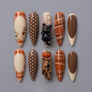 Cute Fall Cat Press On Nails 3D Black Cat Pumpkin Plaid Brown Autumn Nails Handmade Nail Set