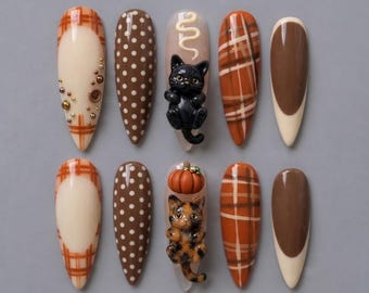 Cute Fall Cat Press On Nails 3D Black Cat Pumpkin Plaid Brown Autumn Nails Handmade Nail Set