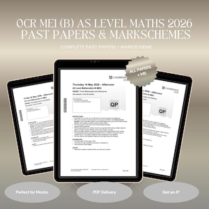 Peut inclure: Trois tablettes numériques affichant des sujets d'examen et corrigés OCR MEI (B) AS Level Maths 2026. Les écrans présentent des instructions, des dates et le logo Cambridge OCR. Un badge en étoile indique ALL PAPERS + MS. Texte : Perfect for Mocks, PDF Delivery, Get an A*.