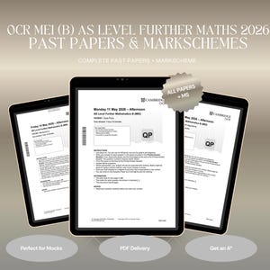 May include: Three digital tablets displaying OCR MEI (B) AS Level Further Mathematics 2026 past papers and mark schemes. The screens show exam details for May 2026, including Core Pure and Mechanics modules, with a star-shaped badge stating ALL PAPERS + MS.