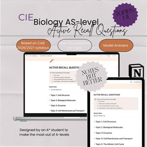 以下が含まれることがあります： CIE Biology AS-level Active Recall Questionsと題されたデジタル学習リソース。ノートパソコンとタブレットに学習メモ、トピック1〜11へのクイックリンク、Notes But Betterというテキストが表示されており、CAIE 2026/2027シラバスに基づいています。