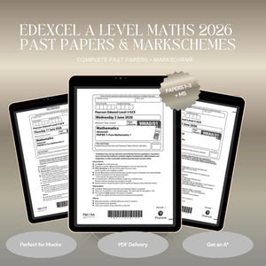 May include: Three digital tablets display Pearson Edexcel Level 3 GCE Mathematics Advanced past papers for June 2026. The screens show Paper 1, Paper 2, and Paper 3 with mark schemes. A star-shaped badge indicates Papers 1-3 plus mark schemes are included.