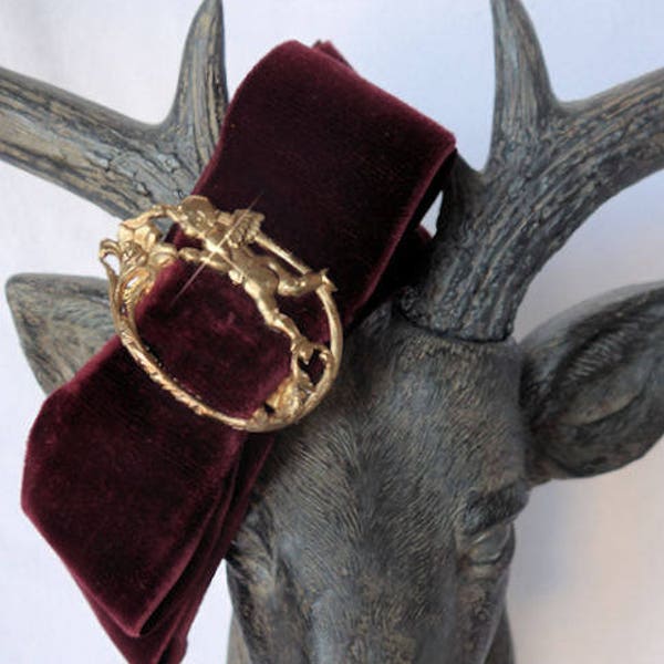 Hand Made Rich Bordeaux Velvet and Brass Filigree Buckle with Angel Headpiece, Headband Fascinator.