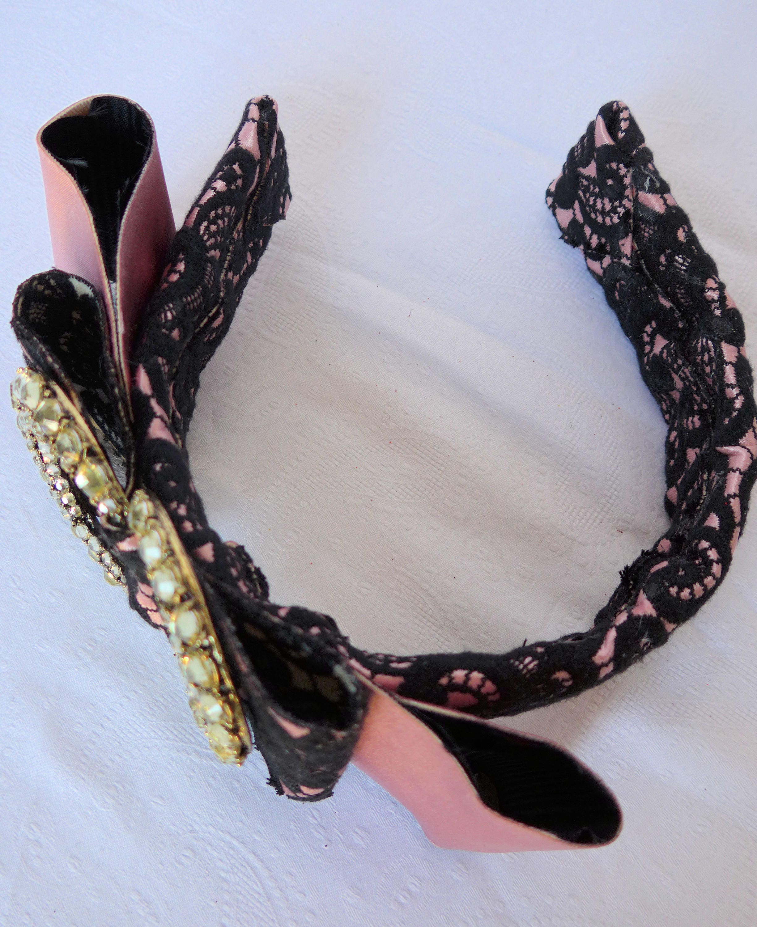 Black and pink headband with lace and jewel Black silver floral shabby chic lace headband – ShariRose main image 4