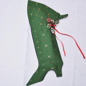 Life size Emerald Green Musketeer style Christmas Stocking in hand painted in Italian Brocade.