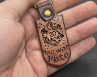 D20 Leather Keychain | Roll With Fate | Hand Dyed Veg Tan RPG Gift