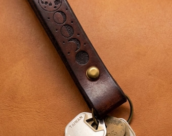 Personalized Moon Phase Leather Keychain, Full Grain Engraved Celestial Key Fob