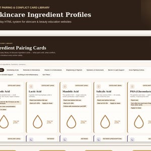 May include: A digital interface displaying a library of 52 skincare ingredient profiles. The screen features a search bar, category filters, and a grid of cards detailing ingredients like Glycolic, Lactic, Mandelic, Salicylic Acid, and PHA with icons.