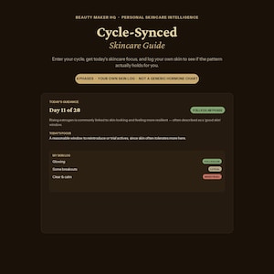 Guía de cuidado de la piel sincronizada con el ciclo menstrual: aplicación de seguimiento de fases hormonales, registro personalizado de la piel, herramienta digital (no es un PDF).