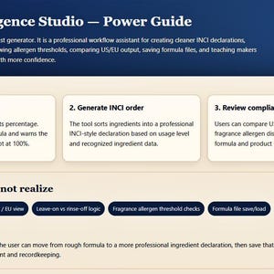 以下が含まれることがあります： ダークブルーのヘッダーとクリーム色の背景を持つINCI Intelligence Studio Power Guideというタイトルのデジタルインターフェース。Build the formula、Generate INCI order、Review compliance cluesという3つのワークフローステップと、機能のリストが表示されています。