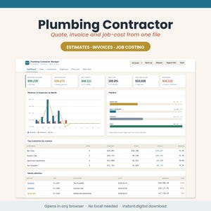 Puede incluir: Una interfaz de panel digital titulada Plumbing Contractor Manager para el seguimiento de presupuestos, facturas y costes de proyectos. La pantalla muestra métricas financieras, un gráfico de líneas, una barra de estado y tablas de clientes.