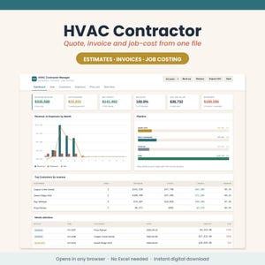 May include: A digital HVAC Contractor Manager software interface displaying a dashboard with revenue, expenses, and job costing metrics. The screen features charts, a pipeline status bar, and a customer revenue table with text labels including Estimates, Invoices, and Job Costing.