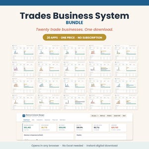 May include: A digital Trades Business System bundle featuring twenty distinct software applications for trade businesses. The interface displays various dashboard layouts with data charts, revenue metrics, and job tracking tools in a browser-based format.