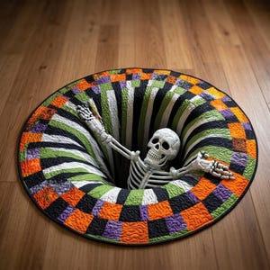 May include: A round, quilted rug featuring an optical illusion of a deep hole with a skeleton emerging from the center. The rug has a checkered border in orange, black, green, and purple, with radiating stripes leading into the dark center.