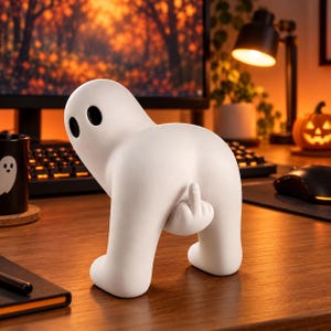Peut inclure: Une figurine blanche mate et lisse en forme de fantôme avec deux yeux ovales noirs. Le fantôme est représenté dans une posture penchée, étendant une main blanche depuis l'arrière pour montrer un geste de doigt d'honneur. Surface opaque.