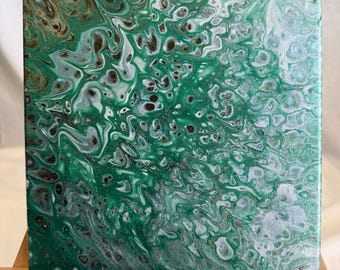 完成しました！_オリジナル抽象アクリルポーリング絵画、グリーン＆シルバー、ブラウンの流体アート、モダンな壁装飾、手作り10x10x0.5キャンバス