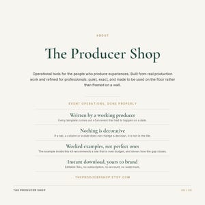 K&ouml;nnte beinhalten: Eine digitale Infografik mit dem Titel The Producer Shop, die Text &uuml;ber operative Werkzeuge f&uuml;r Veranstaltungsproduzenten enth&auml;lt. Sie listet Funktionen auf, darunter von einem arbeitenden Produzenten geschrieben, nichts ist dekorativ und Sofort-Download.