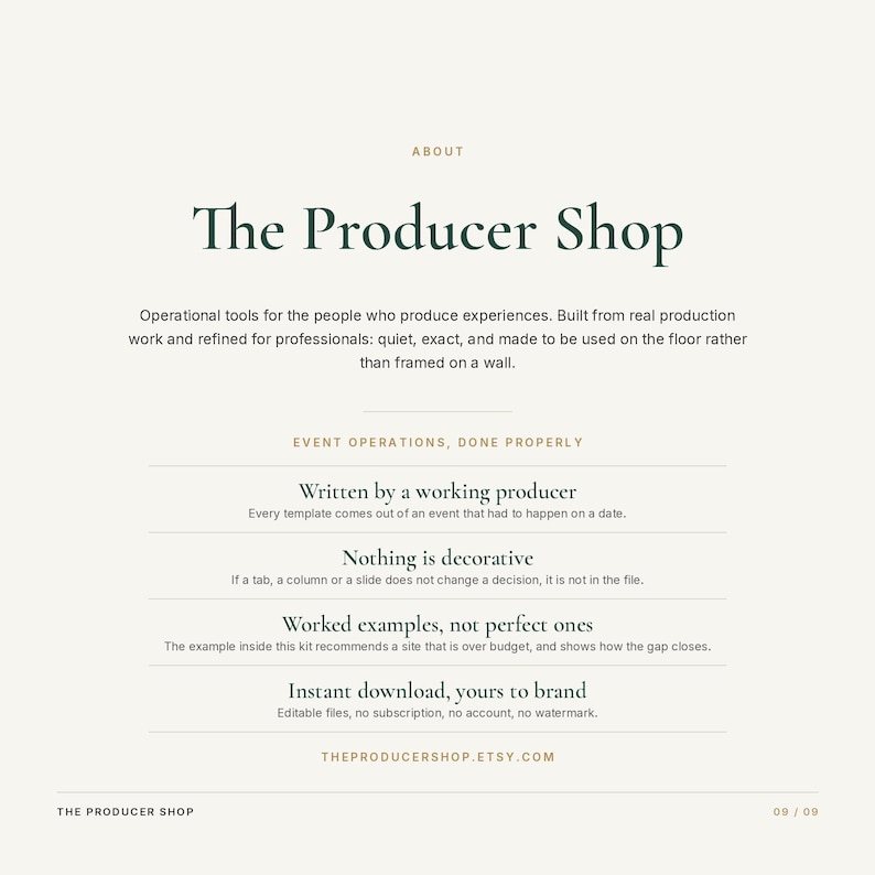K&ouml;nnte beinhalten: Eine digitale Infografik mit dem Titel The Producer Shop, die Text &uuml;ber operative Werkzeuge f&uuml;r Veranstaltungsproduzenten enth&auml;lt. Sie listet Funktionen auf, darunter von einem arbeitenden Produzenten geschrieben, nichts ist dekorativ und Sofort-Download.