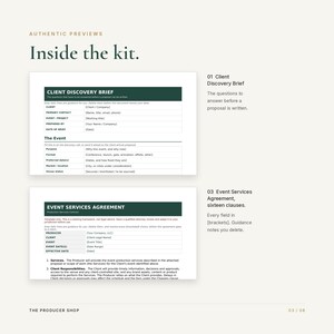 May include: A digital document kit featuring a Client Discovery Brief and an Event Services Agreement. The forms include dark green headers, white backgrounds, and structured fields for client information, event details, and contractual clauses.