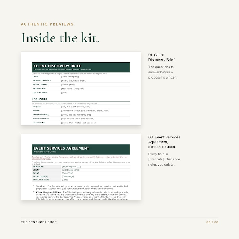 May include: A digital document kit featuring a Client Discovery Brief and an Event Services Agreement. The forms include dark green headers, white backgrounds, and structured fields for client information, event details, and contractual clauses.