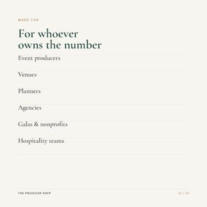 Może przedstawiać: Biała grafika informacyjna z ciemnozielonym tekstem: MADE FOR, For whoever owns the number, Event producers, Venues, Planners, Agencies, Galas & nonprofits, Hospitality teams, THE PRODUCER SHOP oraz numer strony 05 / 08.