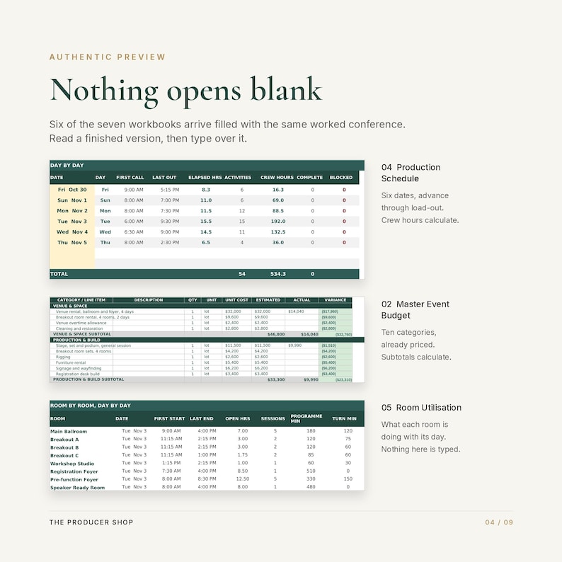 May include: A digital preview of three spreadsheet workbooks titled Nothing opens blank. The tables include a Day by Day production schedule, a Master Event Budget, and a Room Utilisation chart with columns for dates, costs, and room usage data.