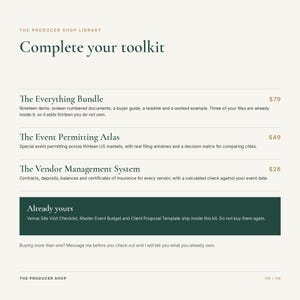 K&ouml;nnte beinhalten: Eine digitale Dokumentenliste mit dem Titel The Producer Shop Library Complete your toolkit. Sie f&uuml;hrt The Everything Bundle, The Event Permitting Atlas und The Vendor Management System auf, mit einem dunkelgr&uuml;nen Feld Already yours.