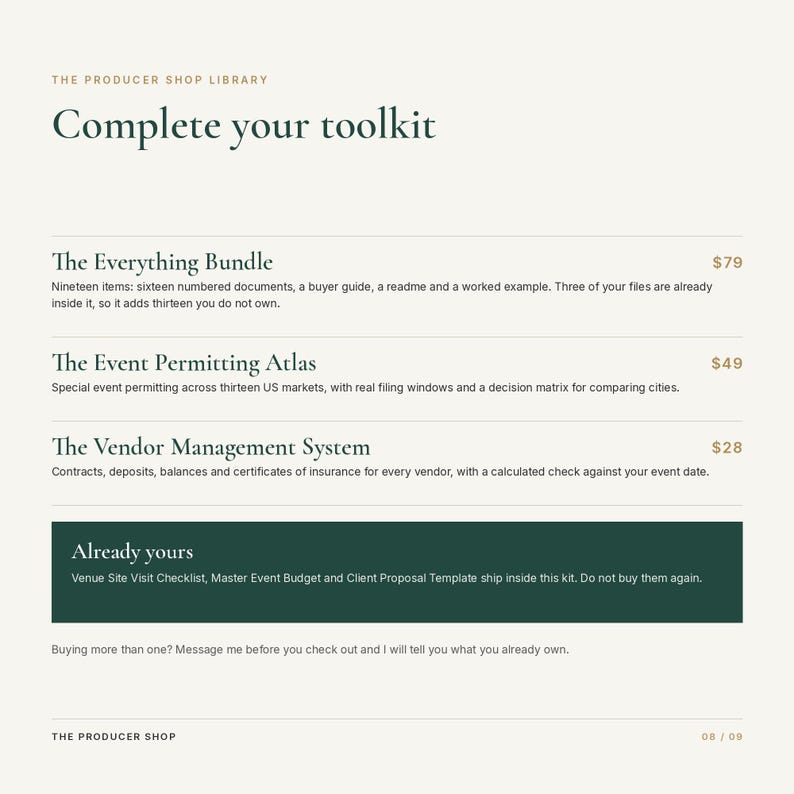 K&ouml;nnte beinhalten: Eine digitale Dokumentenliste mit dem Titel The Producer Shop Library Complete your toolkit. Sie f&uuml;hrt The Everything Bundle, The Event Permitting Atlas und The Vendor Management System auf, mit einem dunkelgr&uuml;nen Feld Already yours.