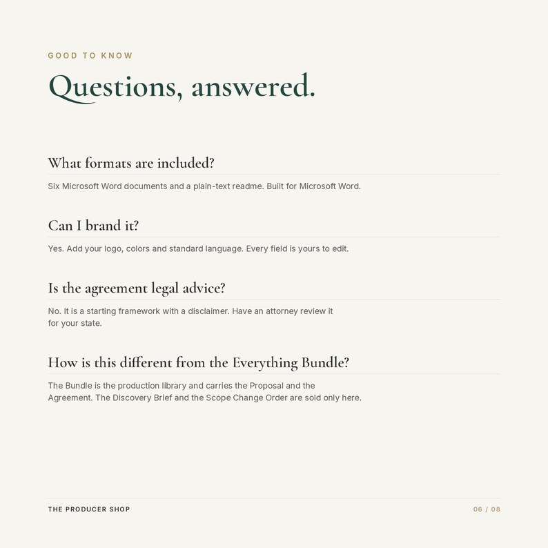 May include: A document titled Good to know, Questions, answered. It lists four questions and answers regarding document formats, branding, legal advice, and bundle differences. The text is dark green on a light background, ending with The Producer Shop 06/08.