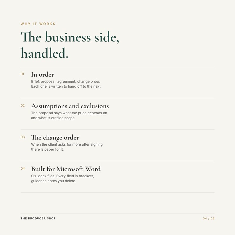 May include: A white informational document titled Why It Works, The business side, handled. It lists four points: 01 In order, 02 Assumptions and exclusions, 03 The change order, and 04 Built for Microsoft Word, with descriptive text for each section.