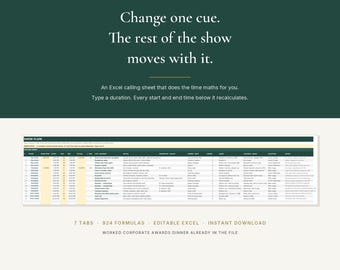 Run of Show Template | Event Cue Sheet & Show Caller Excel Spreadsheet, Minute-by-Minute Timing That Recalculates, Hard Times, Live Variance