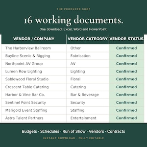 May include: A digital document template titled 16 working documents with text stating One download. Excel, Word and PowerPoint. The table lists vendor names, categories, and status as Confirmed. Bottom text includes Budgets, Schedules, Run of Show, Vendors, Contracts.