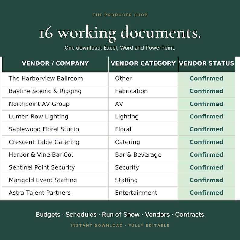 May include: A digital document template titled 16 working documents with text stating One download. Excel, Word and PowerPoint. The table lists vendor names, categories, and status as Confirmed. Bottom text includes Budgets, Schedules, Run of Show, Vendors, Contracts.