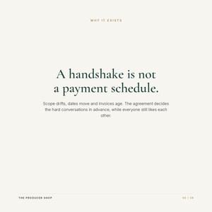 May include: A square graphic with a cream background featuring the text WHY IT EXISTS at the top. The center displays the dark green text: A handshake is not a payment schedule. Scope drifts, dates move and invoices age. The agreement decides the hard conversations in advance, while everyone still likes each other. The bottom includes THE PRODUCER SHOP and 06 / 08.