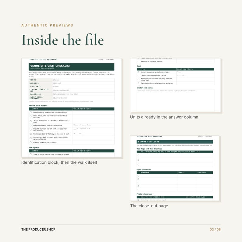 Puede incluir: Un documento digital titulado Venue Site Visit Checklist que incluye secciones para llegada, acceso, detalles del espacio, costos y notas. El dise&ntilde;o presenta casillas de verificaci&oacute;n, columnas para hallazgos y una secci&oacute;n para preguntas abiertas.