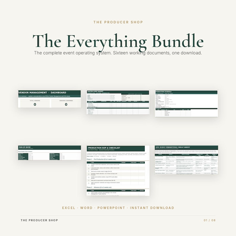 K&ouml;nnte beinhalten: Ein digitales Dokumentenpaket mit dem Titel The Everything Bundle von The Producer Shop. Es enth&auml;lt sechzehn Arbeitsvorlagen f&uuml;r das Eventmanagement, darunter ein Anbieter-Dashboard, ein Budget, einen Zeitplan und eine Checkliste.