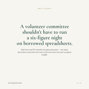 May include: A white informational graphic with dark green text reading: WHY IT EXISTS. A volunteer committee shouldn't have to run a six-figure night on borrowed spreadsheets. Built from real NYC benefit and gala production. THE PRODUCER SHOP 06 / 08.