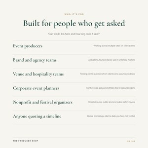 May include: A white informational graphic titled Who It's For: Built for people who get asked, Can we do this here, and how long does it take? It lists target audiences including event producers, brand teams, and venue staff with descriptions.