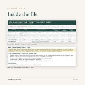 May include: A digital document titled Los Angeles Event Permitting Cheat Sheet, featuring a dark green header and a table outlining permit types, agencies, coverage, lead times, and fees. It includes a lead-time planner and official agency links.